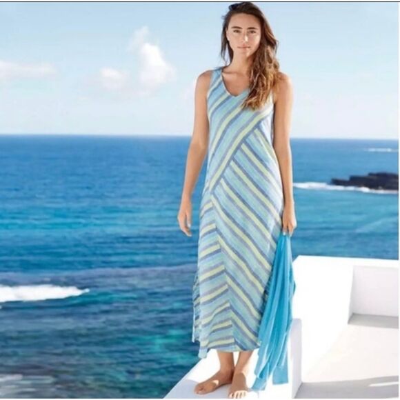 J jill love linen blue lotus multi stripe dress - Picture 1 of 7